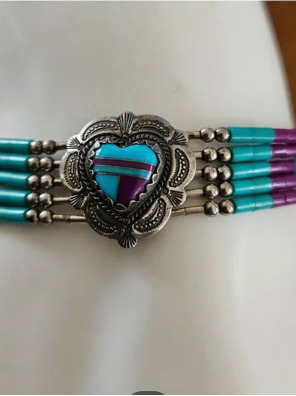 Turquoise & Purple Heart Inlay Sterling Multi-Strand Bracelet